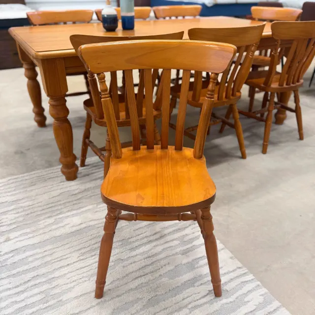 Honey pine slat-back dining chair, front view