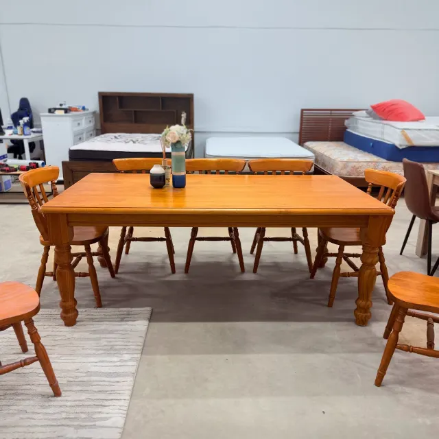 Honey pine rectangular dining table on turned legs