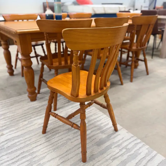 Honey pine slat-back dining chair, side angle