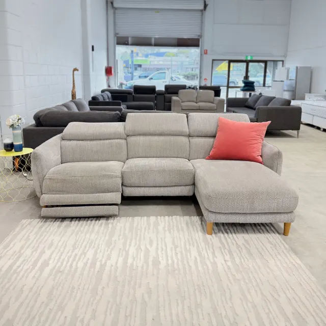 Freedom light grey L shape sofa with chaise, front view