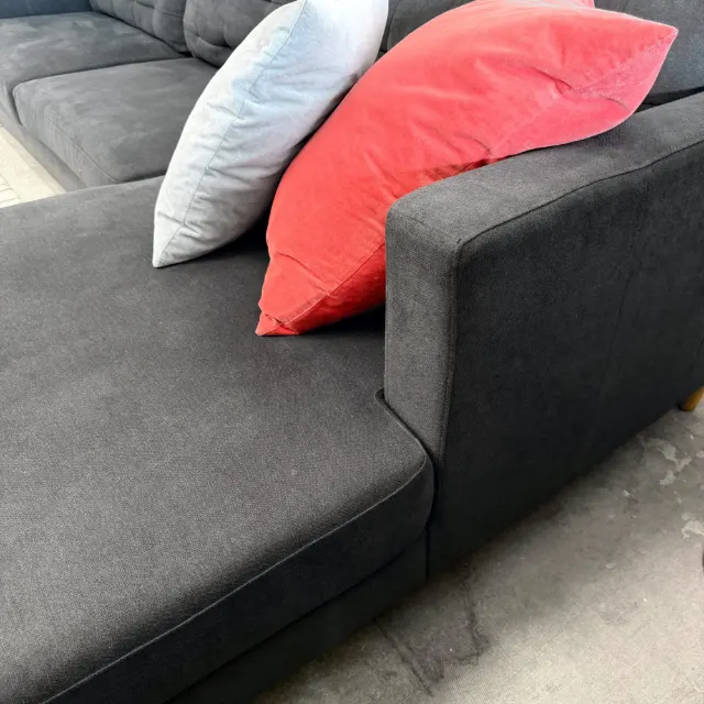 Chaise seat and square track arm with grey and coral cushions