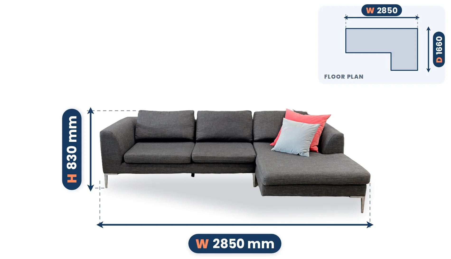 Sleek Freedom L Shape Sofa dimensions: Width 2850 mm, Depth 1660 mm, Height 830 mm