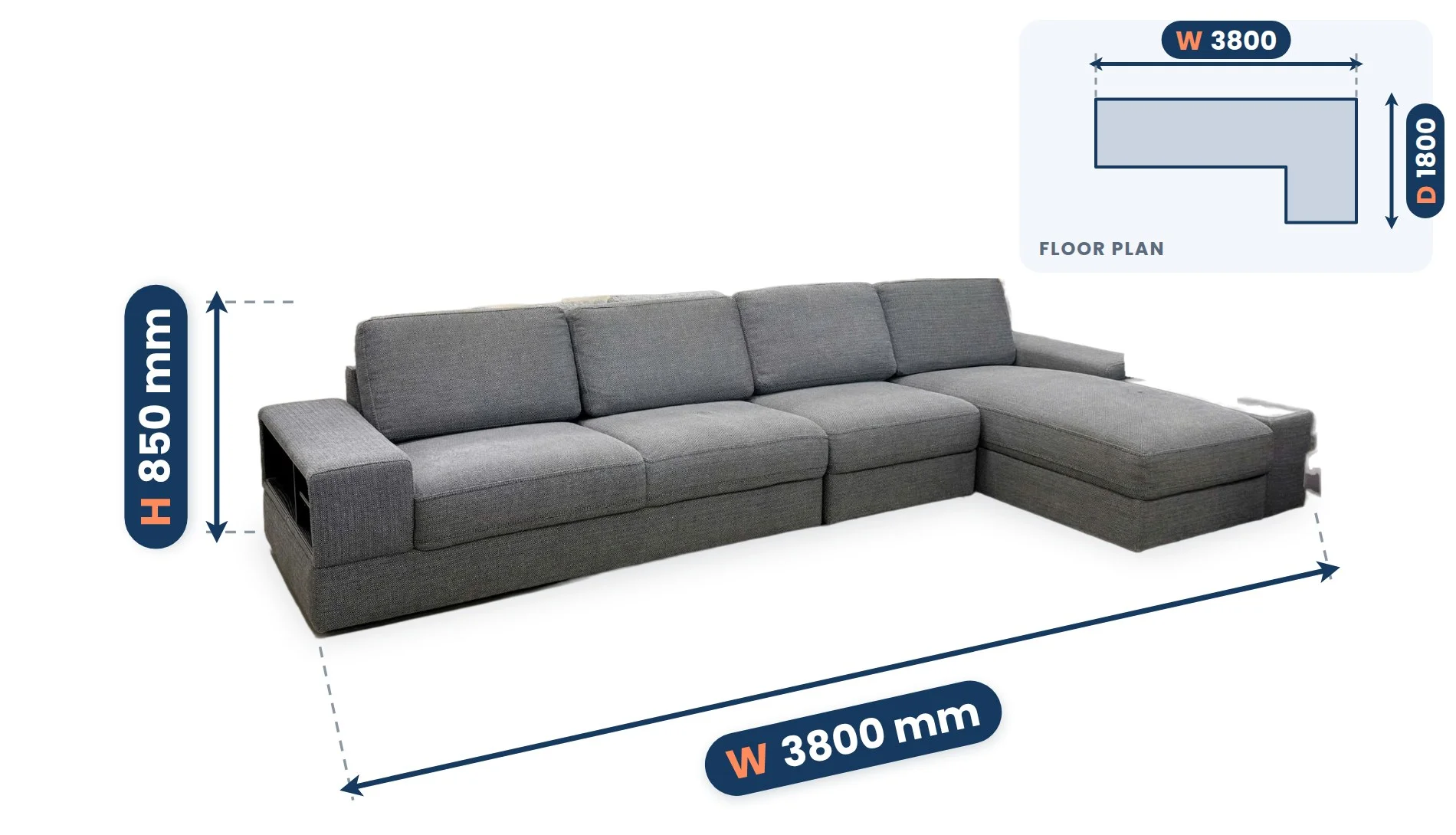 Grey L Shape Storage Sofa dimensions: Width 3800 mm, Depth 1800 mm, Height 850 mm