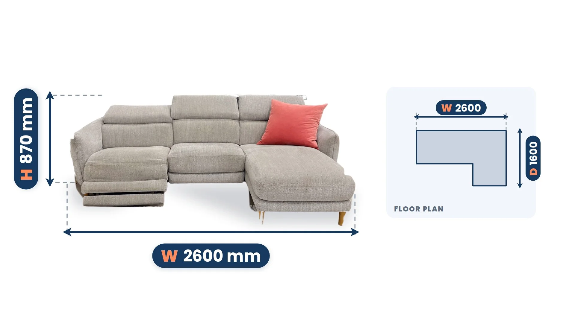 Freedom Hugo Electric Recliner dimensions: Width 2600 mm, Depth 1600 mm, Height 870 mm