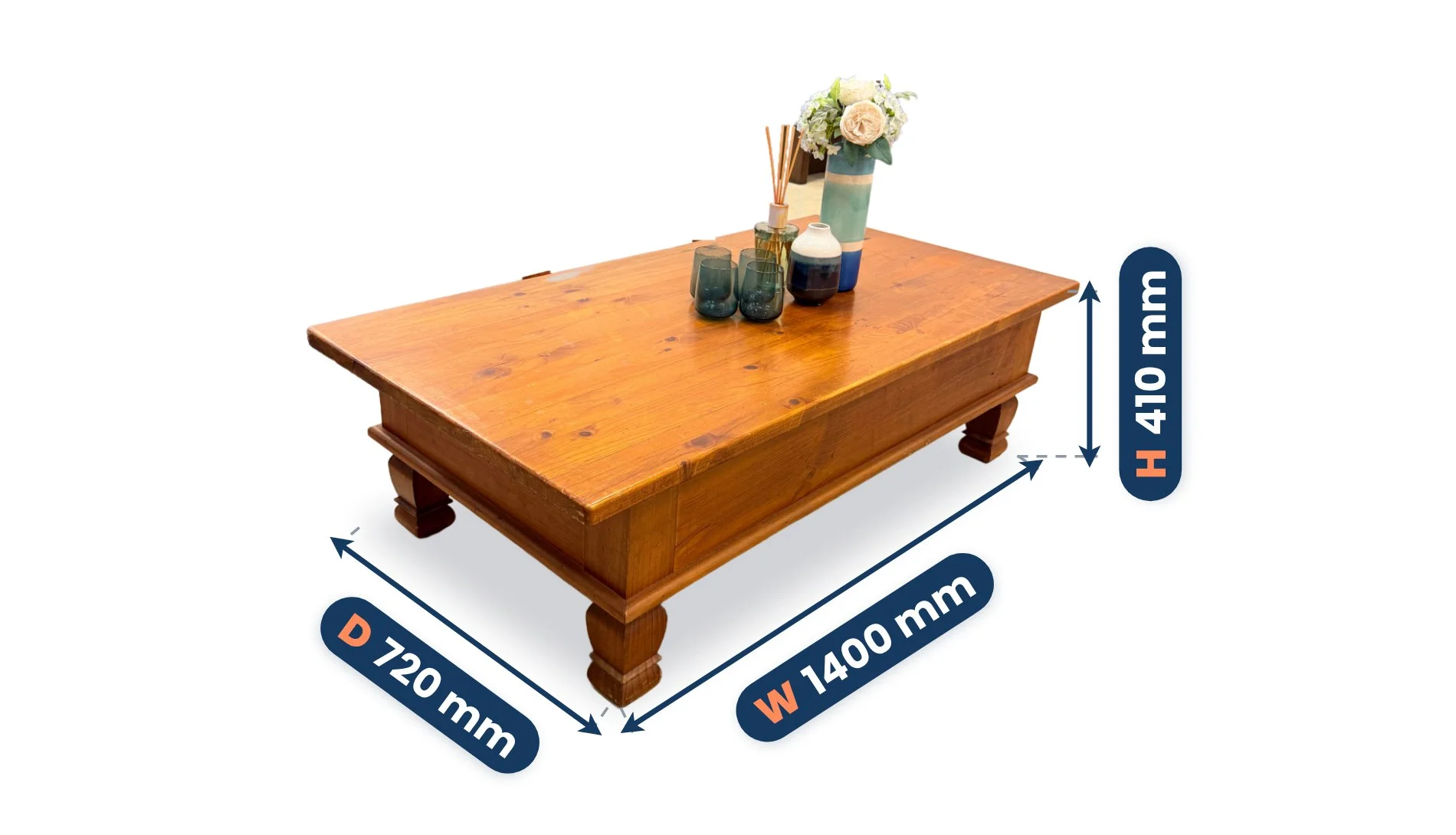 Big Rustic Pine Coffee Table dimensions: Width 1400 mm, Depth 720 mm, Height 410 mm