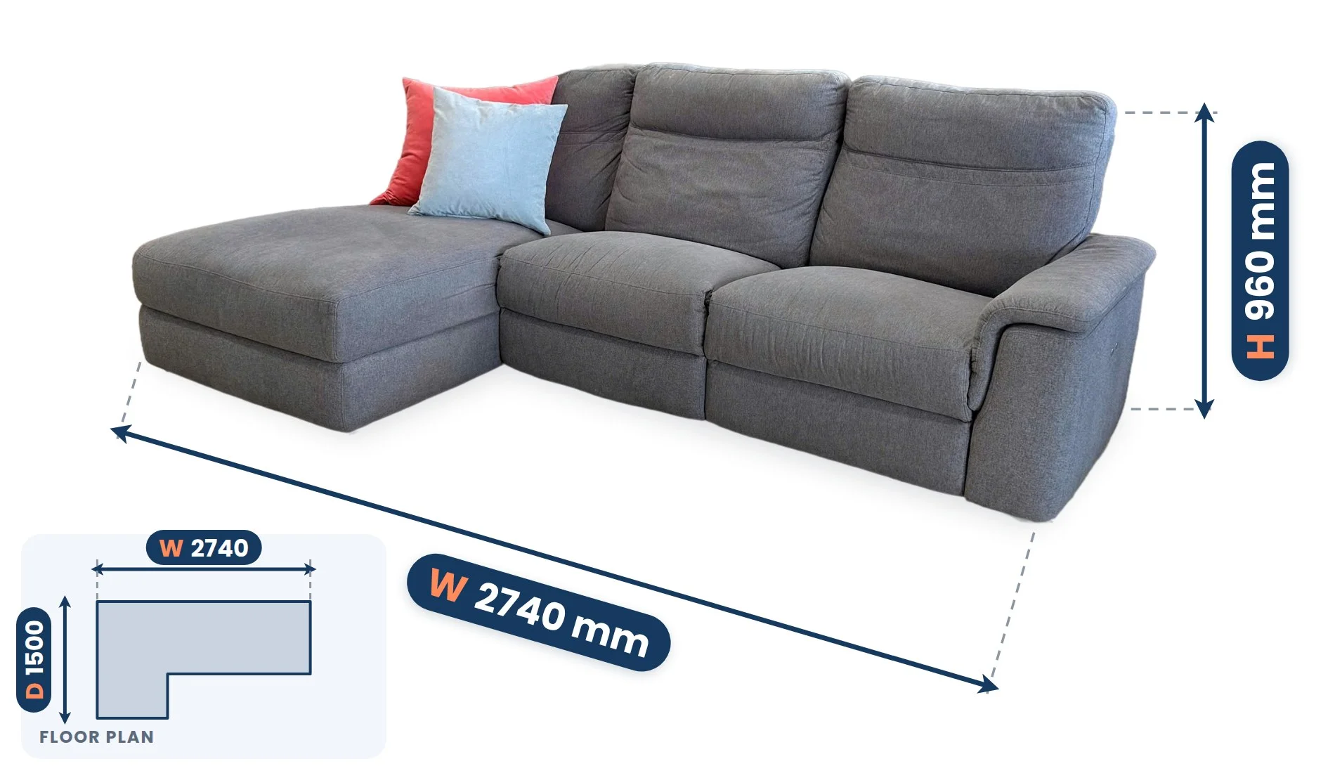 Grey L Shape Electric Recliner dimensions: Width 2740 mm, Depth 1500 mm, Height 960 mm