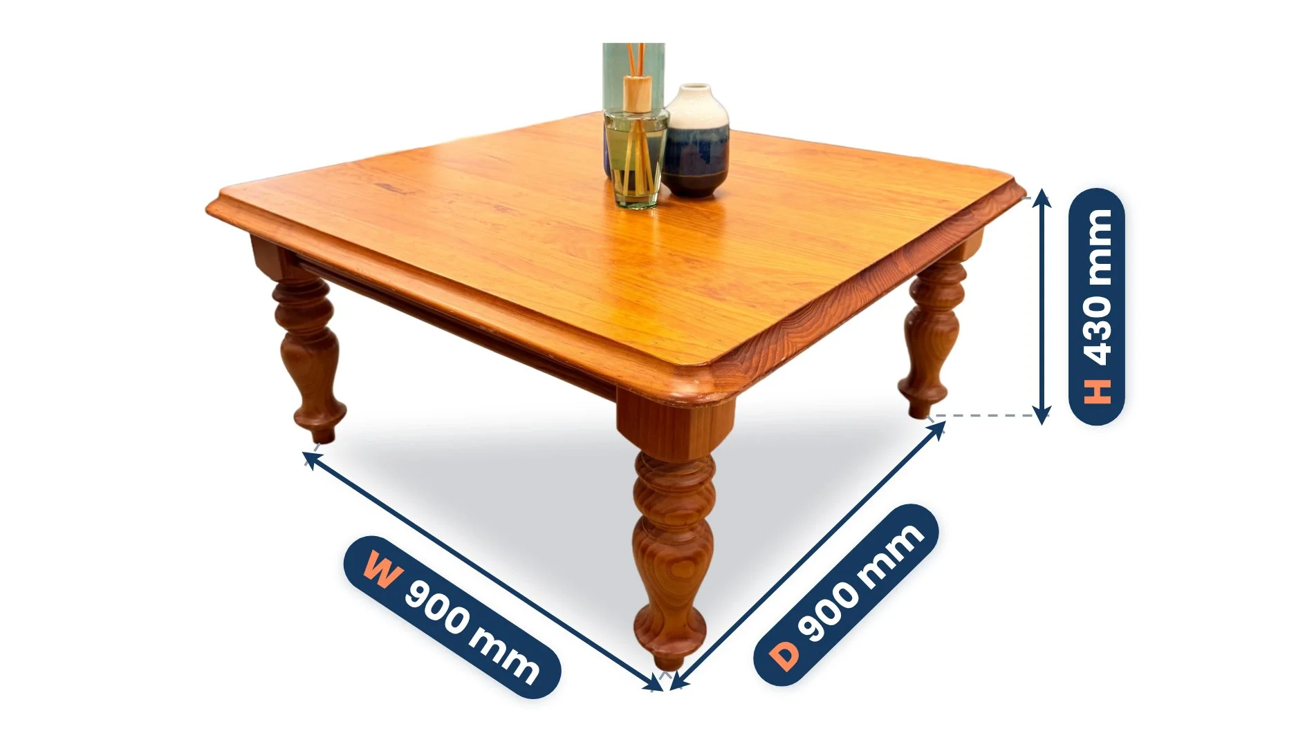 Square Pine Coffee Table dimensions: Width 900 mm, Depth 900 mm, Height 430 mm
