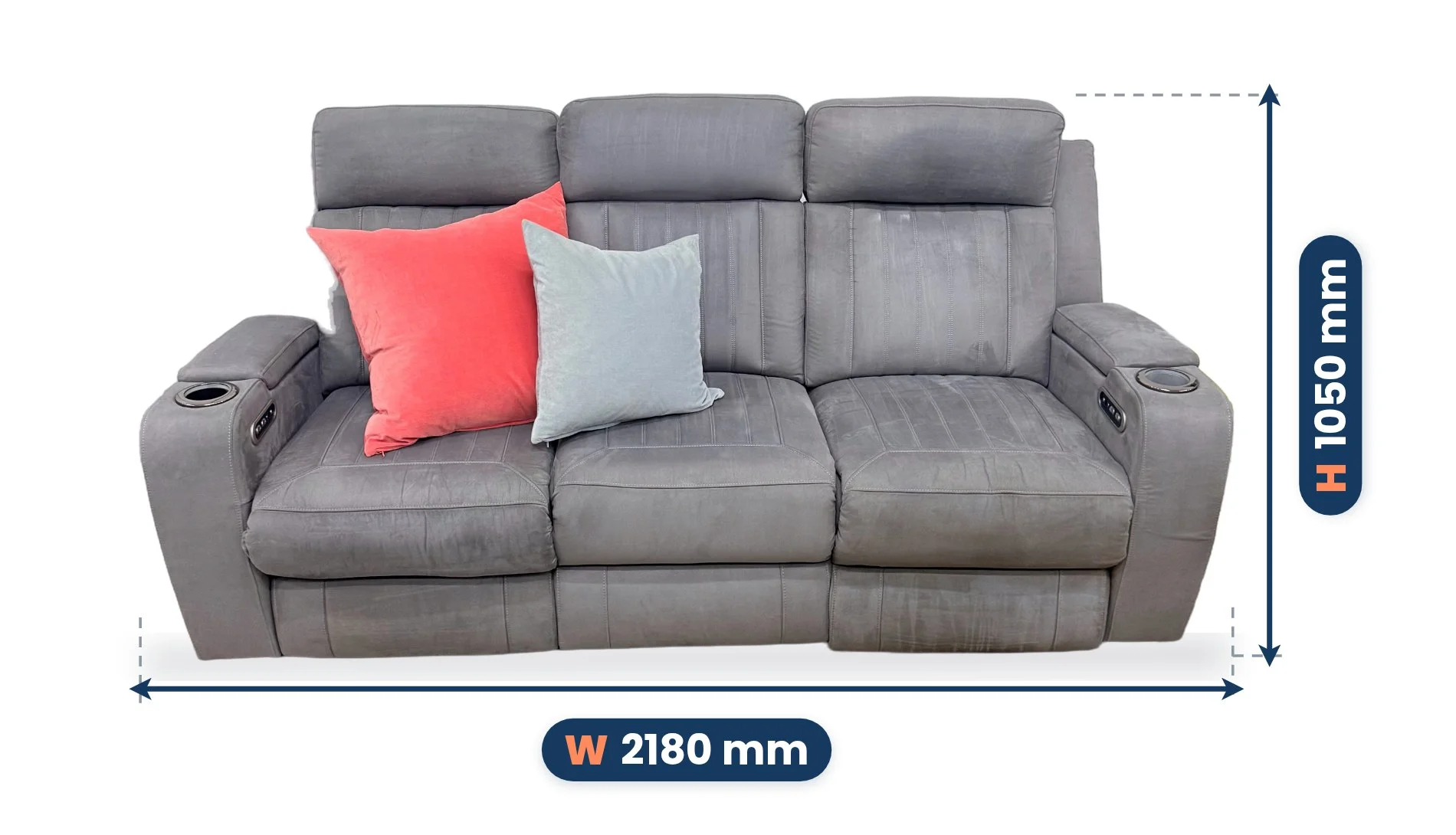 3 Seater Electric Recliner Sofa dimensions: Width 2180 mm, Depth 980 mm, Height 1050 mm