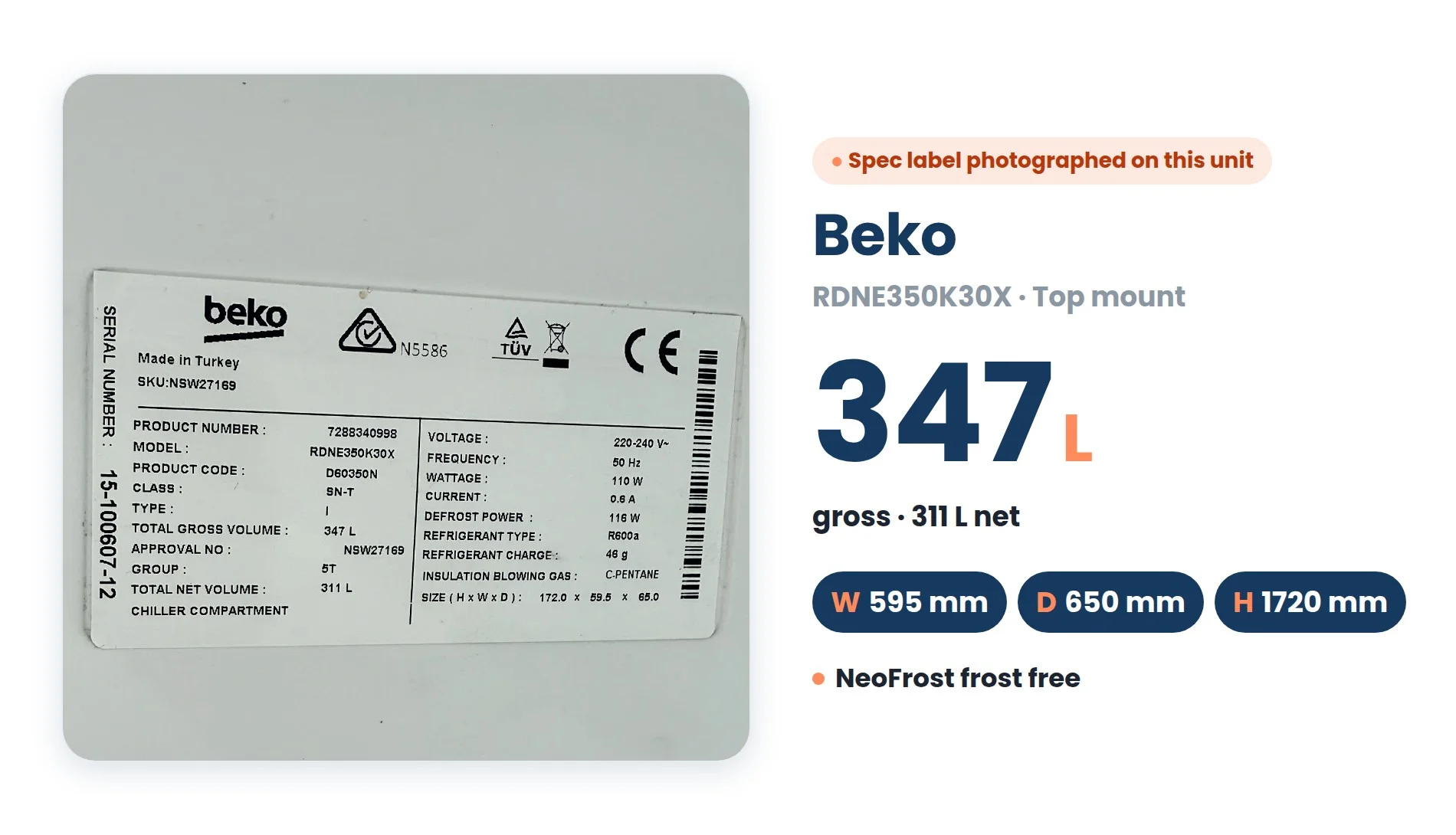 Beko 347L Frost Free Fridge dimensions: Width 595 mm, Depth 650 mm, Height 1720 mm