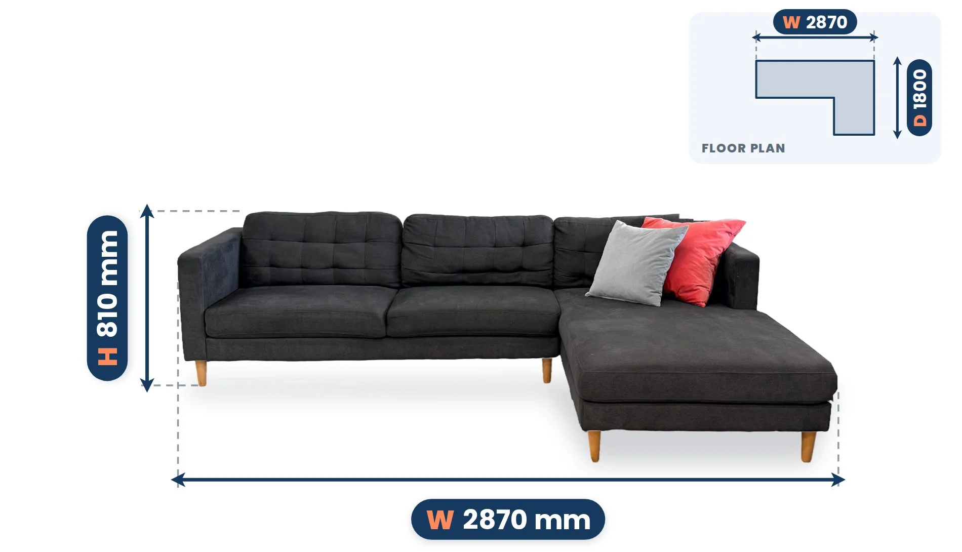 Tufted L Shape Chaise Sofa dimensions: Width 2870 mm, Depth 1800 mm, Height 810 mm