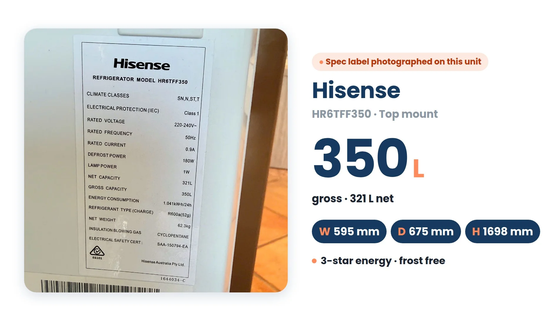 Hisense 350L White Fridge dimensions: Width 595 mm, Depth 675 mm, Height 1698 mm
