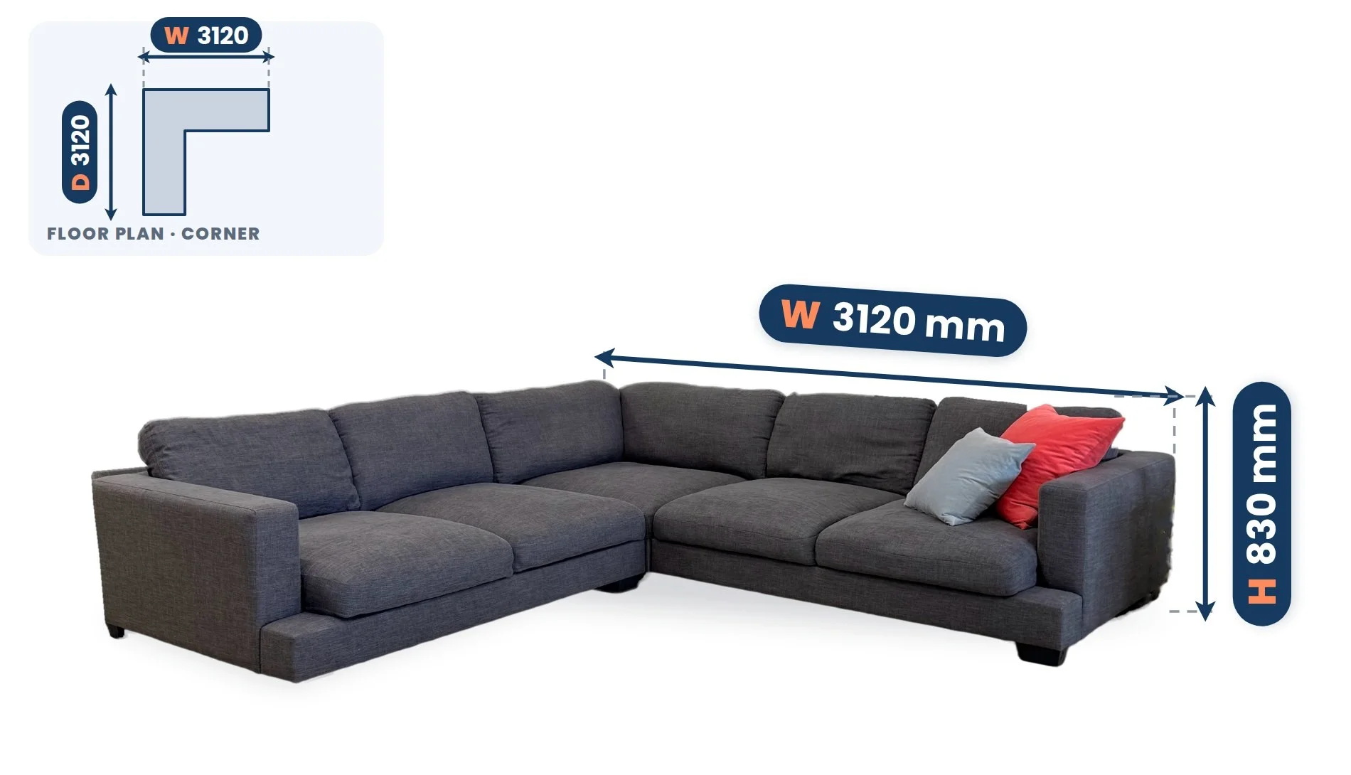 Extremely Comfy Huge Sofa dimensions: Width 3120 mm, Depth 3120 mm, Height 830 mm