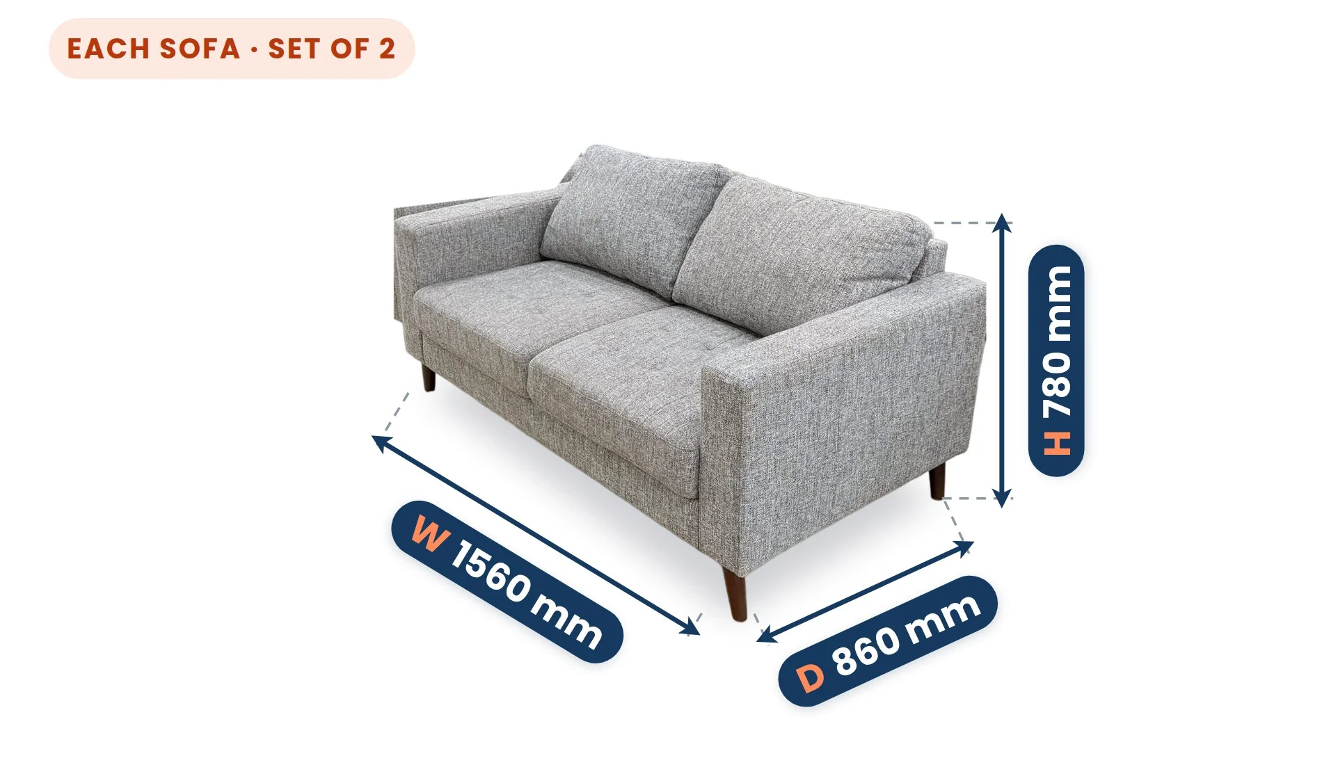 Grey 2+2 Seater Sofa Set dimensions: 2 seater sofa, 2 in this set: Width 1560 mm, Depth 860 mm, Height 780 mm