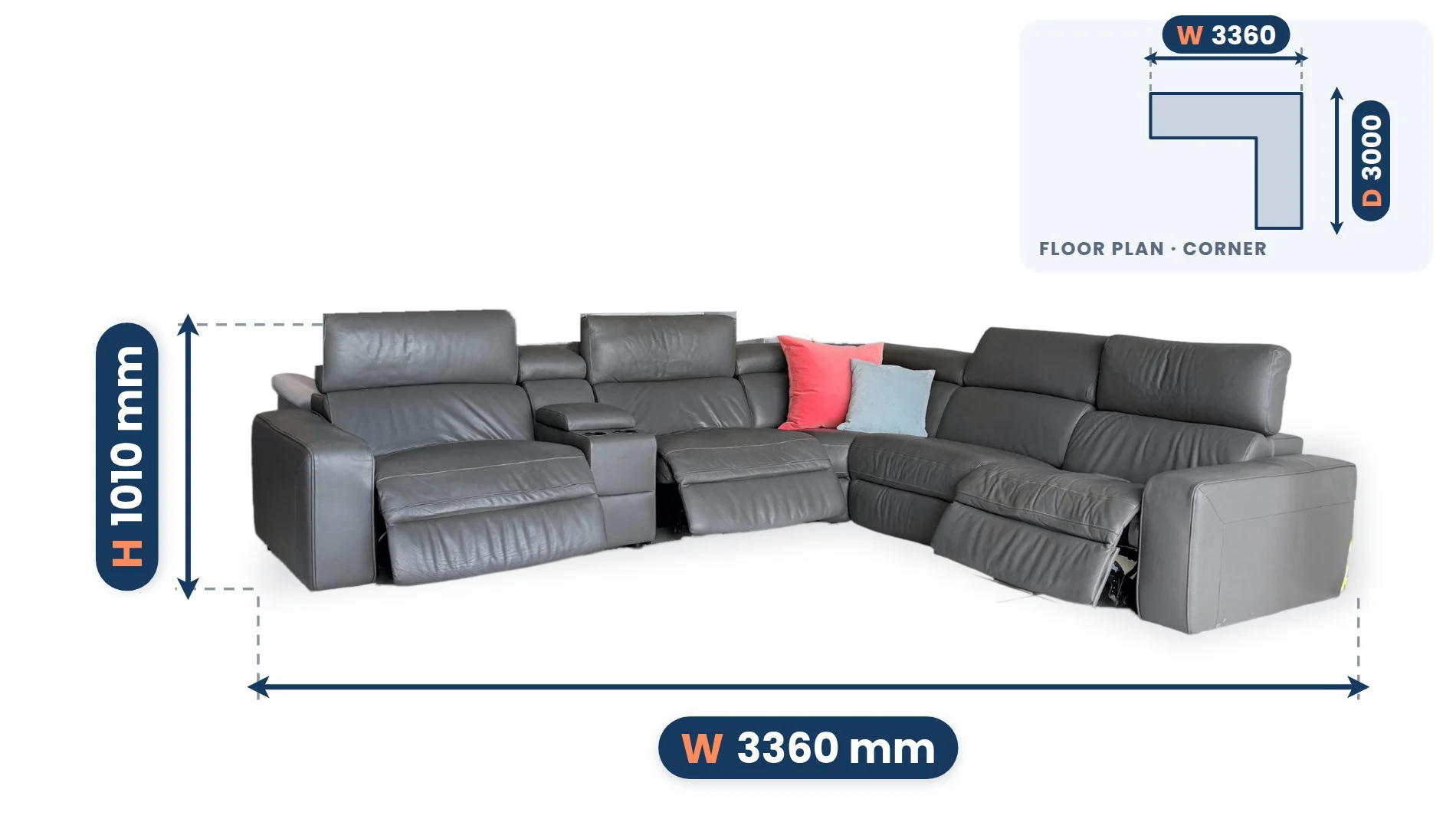 LUXURY Real Leather Electric Recliner dimensions: Width 3360 mm, Depth 3000 mm, Height 1010 mm