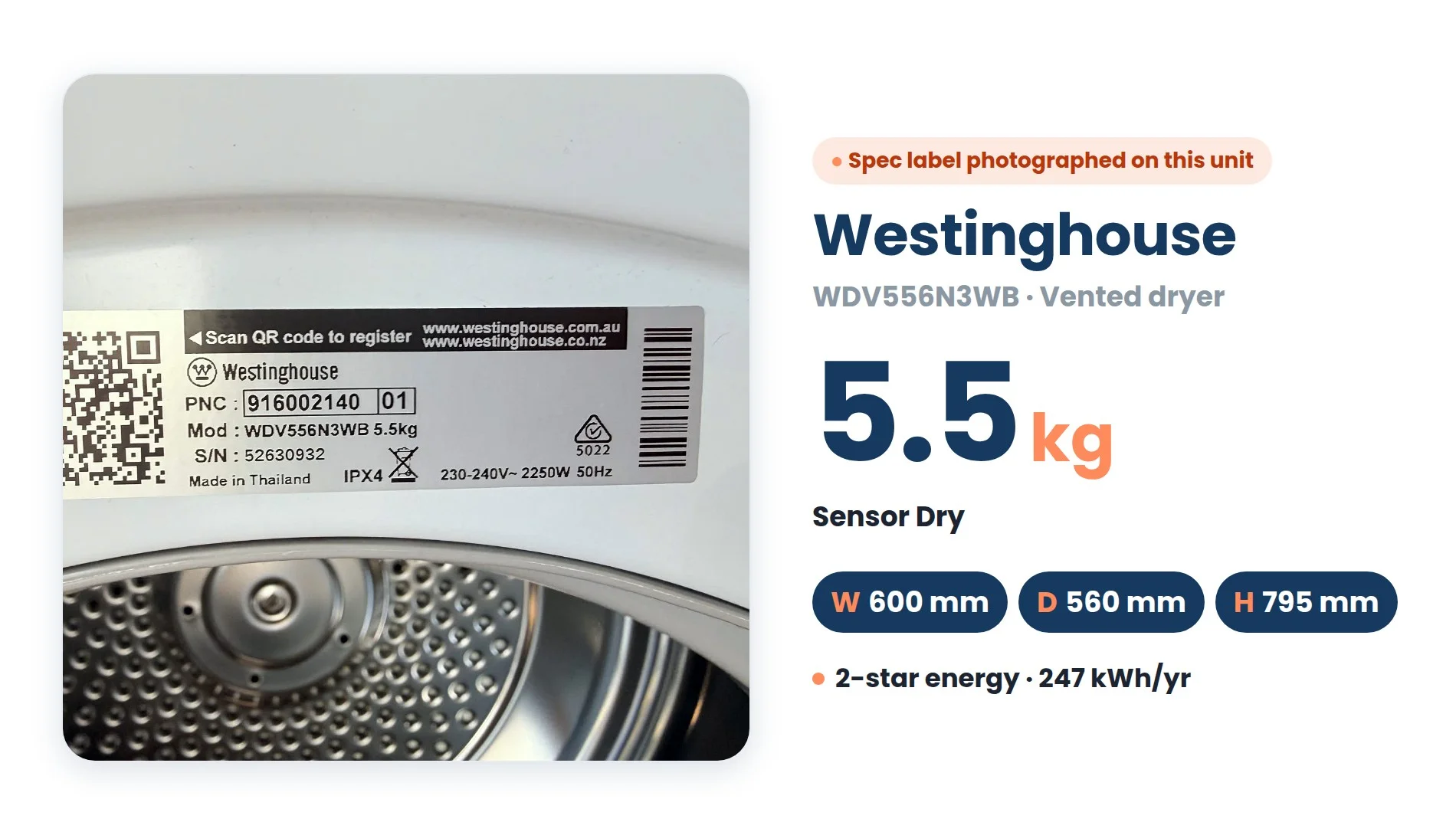 Westinghouse 5.5kg Dryer dimensions: Width 600 mm, Depth 560 mm, Height 795 mm