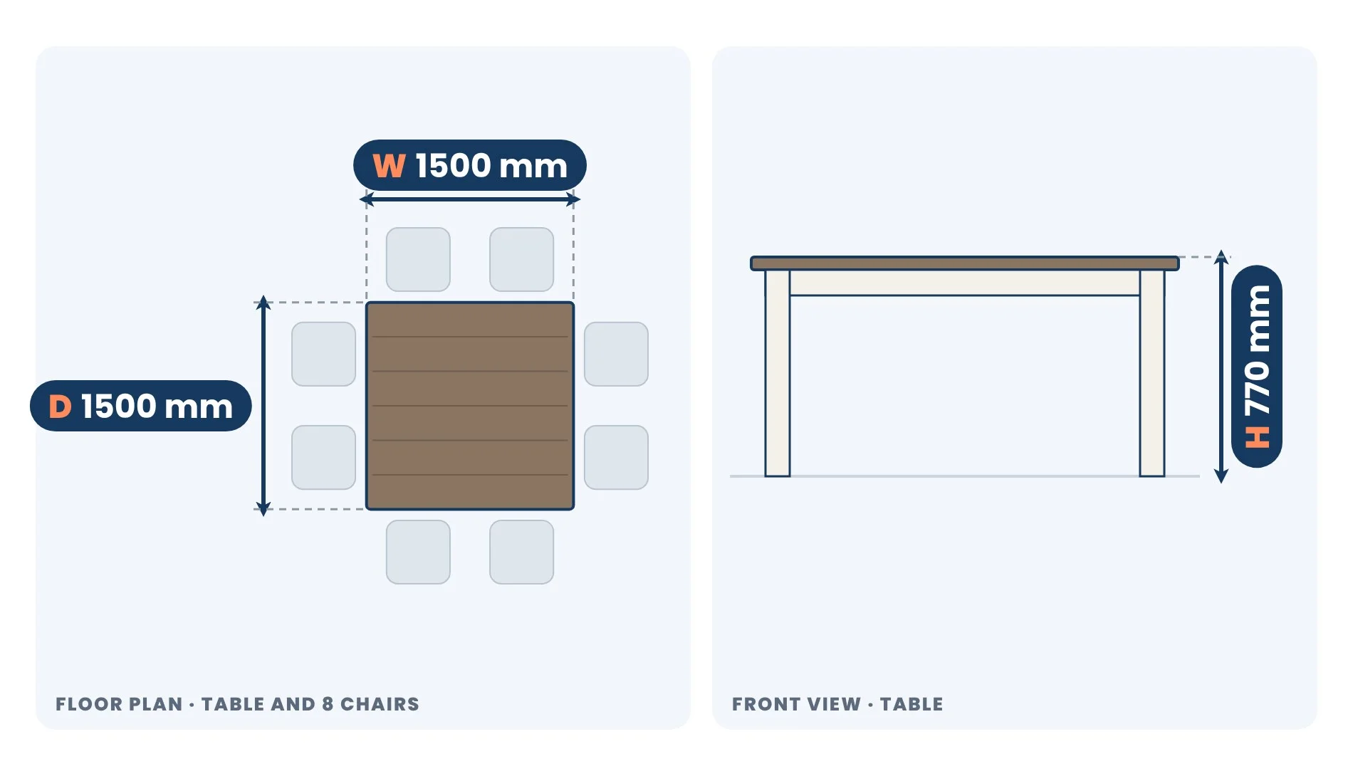 Solid Timber Dining Set for 8 dimensions: Width 1500 mm, Depth 1500 mm, Height 770 mm