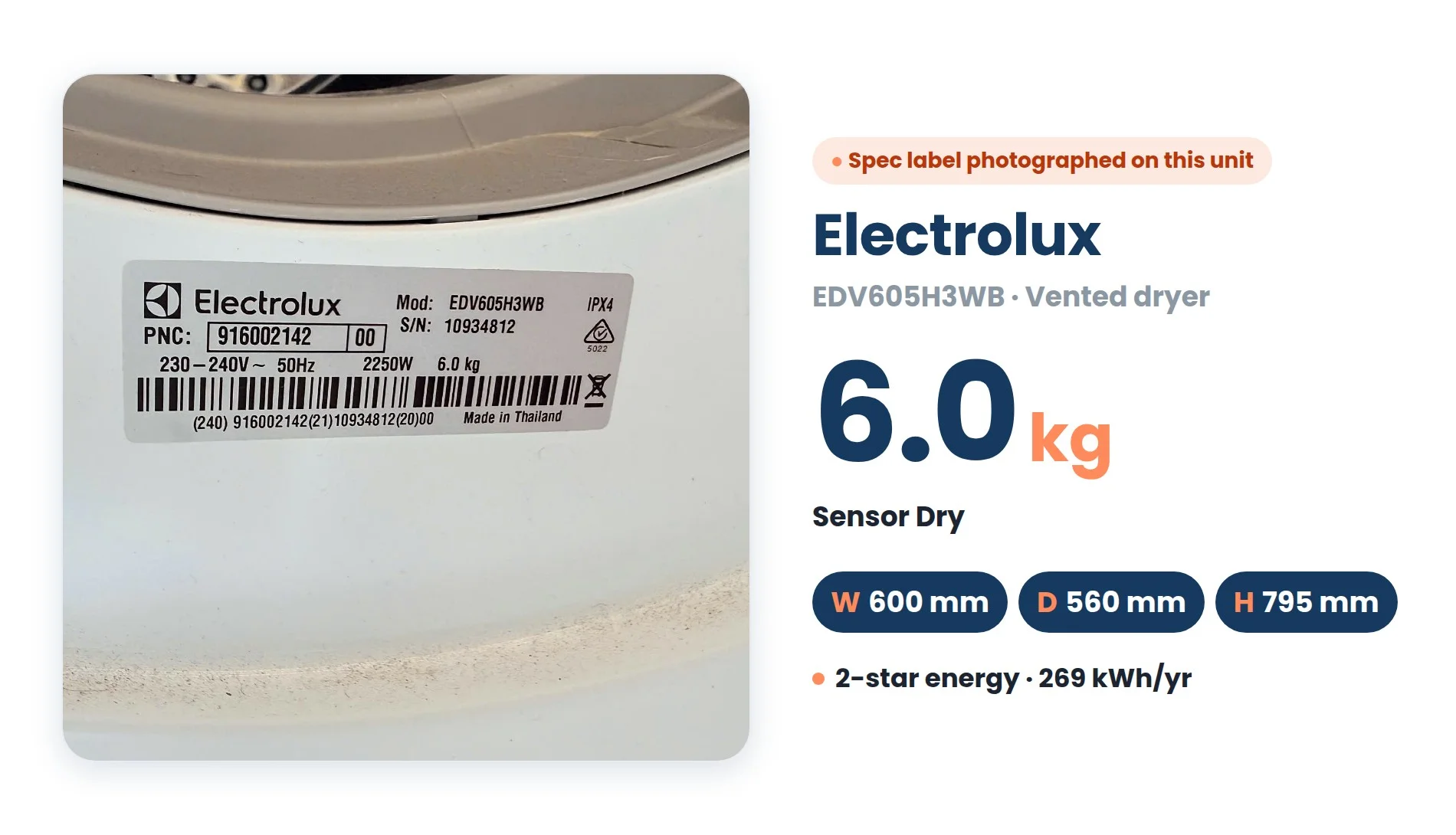 Electrolux 6kg Vented Dryer dimensions: Width 600 mm, Depth 560 mm, Height 795 mm