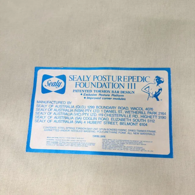 Sealy Posturepedic Foundation III label: patented torsion bar design