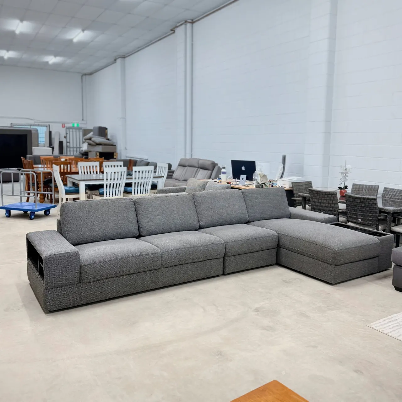 Grey L shape storage sofa, full view