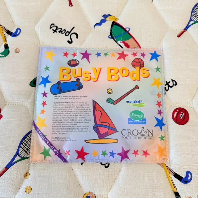 Crown Busy Bods label on the single mattress