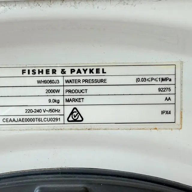 Fisher & Paykel washer spec label: model WH9060J3, 9.0 kg, 2000 W
