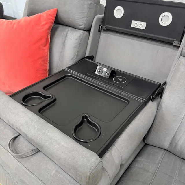 Console tray with cup holders, power point and wireless charger
