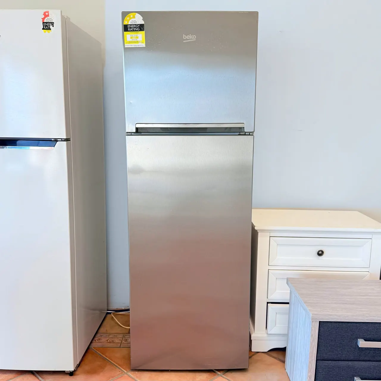 Beko 347L stainless steel top mount fridge, front view