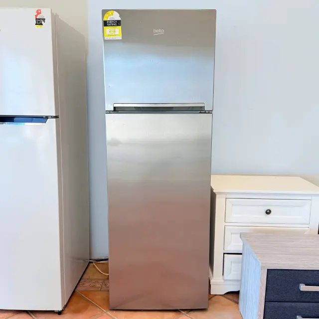 Beko 347L stainless steel top mount fridge, front view