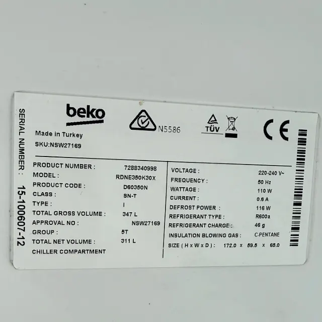 Beko fridge spec label: model RDNE350K30X, 347 L gross, 311 L net, 172 x 59.5 x 65 cm