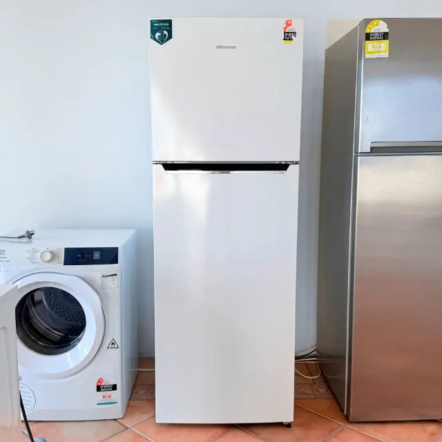 Hisense 350L white top mount fridge, front view