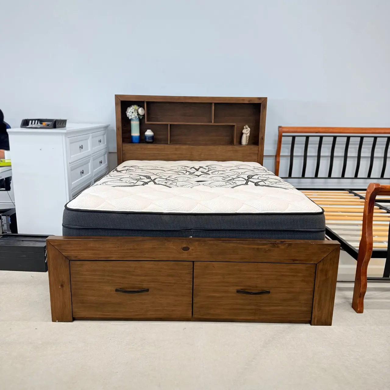 Queen storage bed shown with a pillow top mattress (sold separately), front view