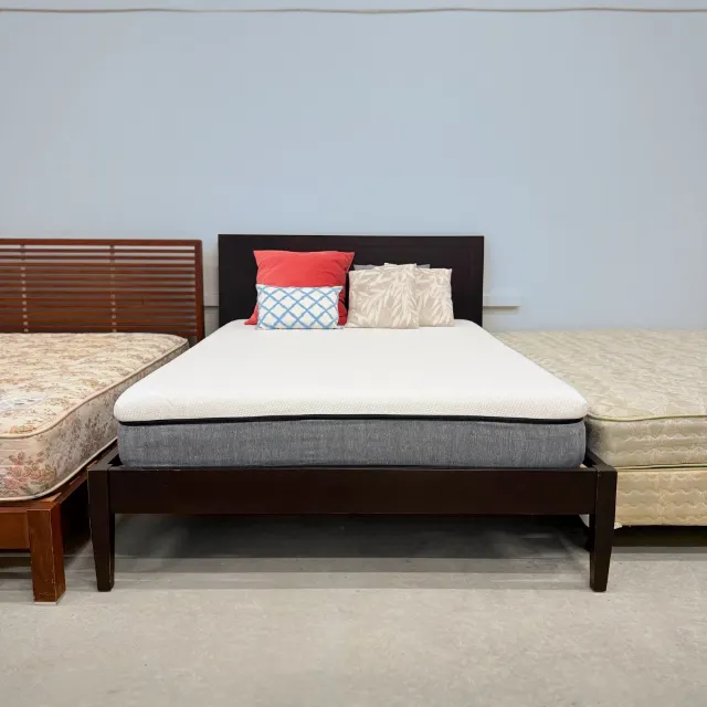 Espresso queen bed frame with an Ecosa mattress, front view