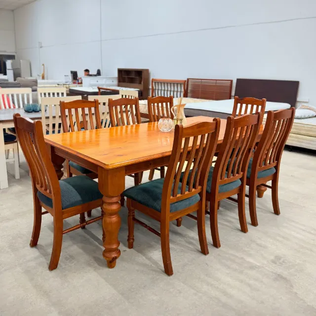 Timber 9-piece dining set seen from the side, high-back chairs with slatted backs