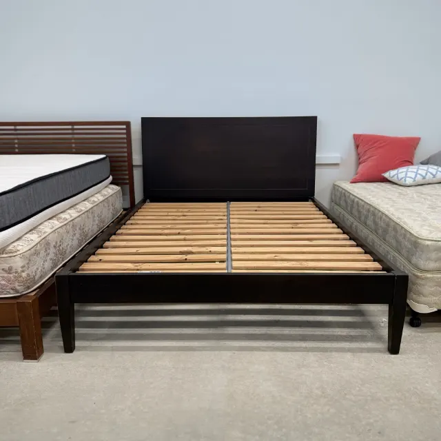 Espresso queen bed frame without mattress, front view with slatted base