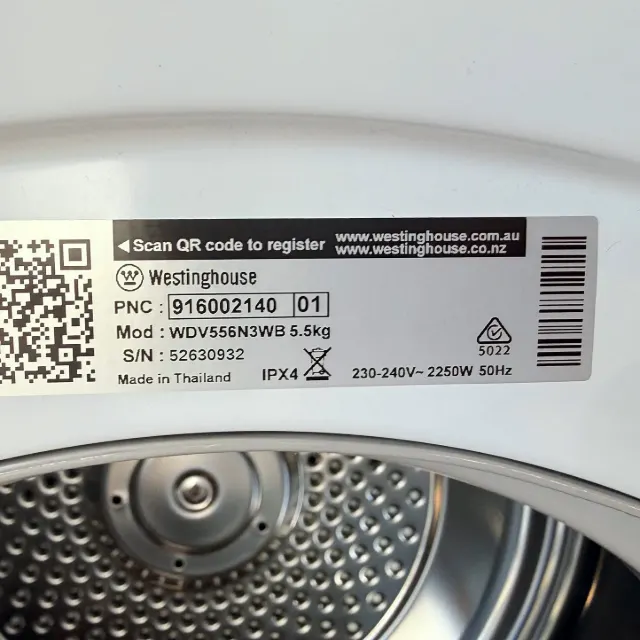 Westinghouse dryer spec label: model WDV556N3WB, 5.5 kg, 2250 W