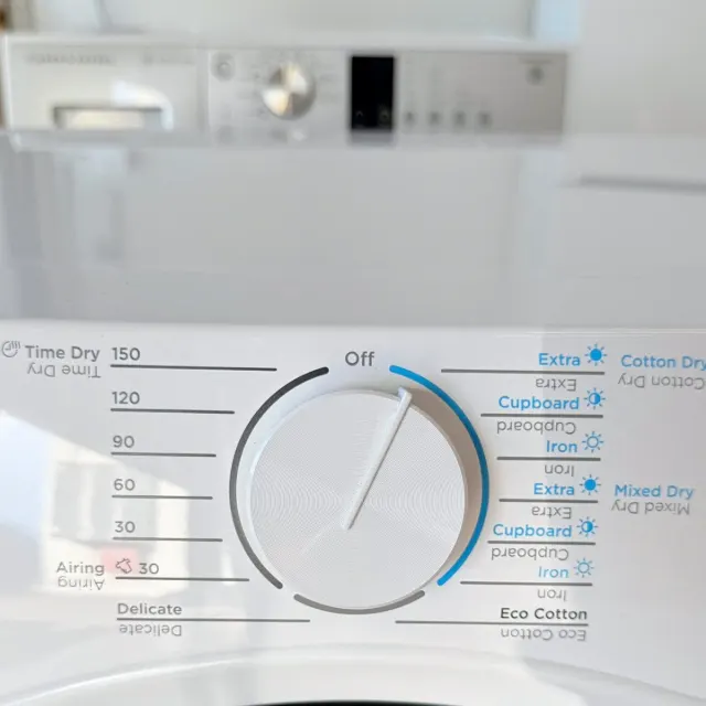 Westinghouse dryer programme dial: Time Dry, Cotton Dry, Mixed Dry, Eco Cotton, Delicate, Airing
